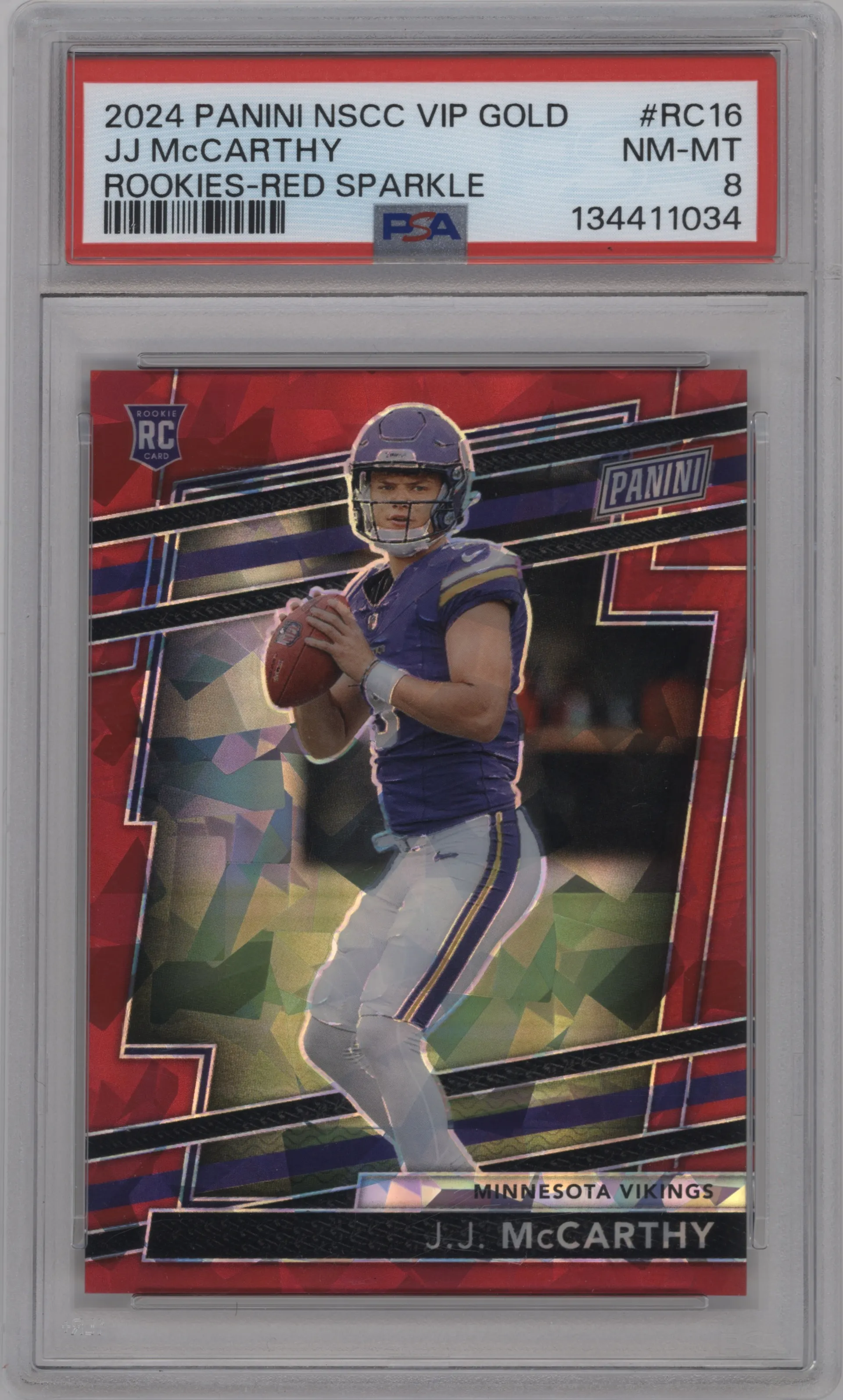 2024 Panini The National VIP Gold Pack J.J. McCarthy Red Sparkle PSA 8