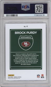 Brock Purdy from the 2024 Donruss set graded by PSA and given an overall grade of 10.