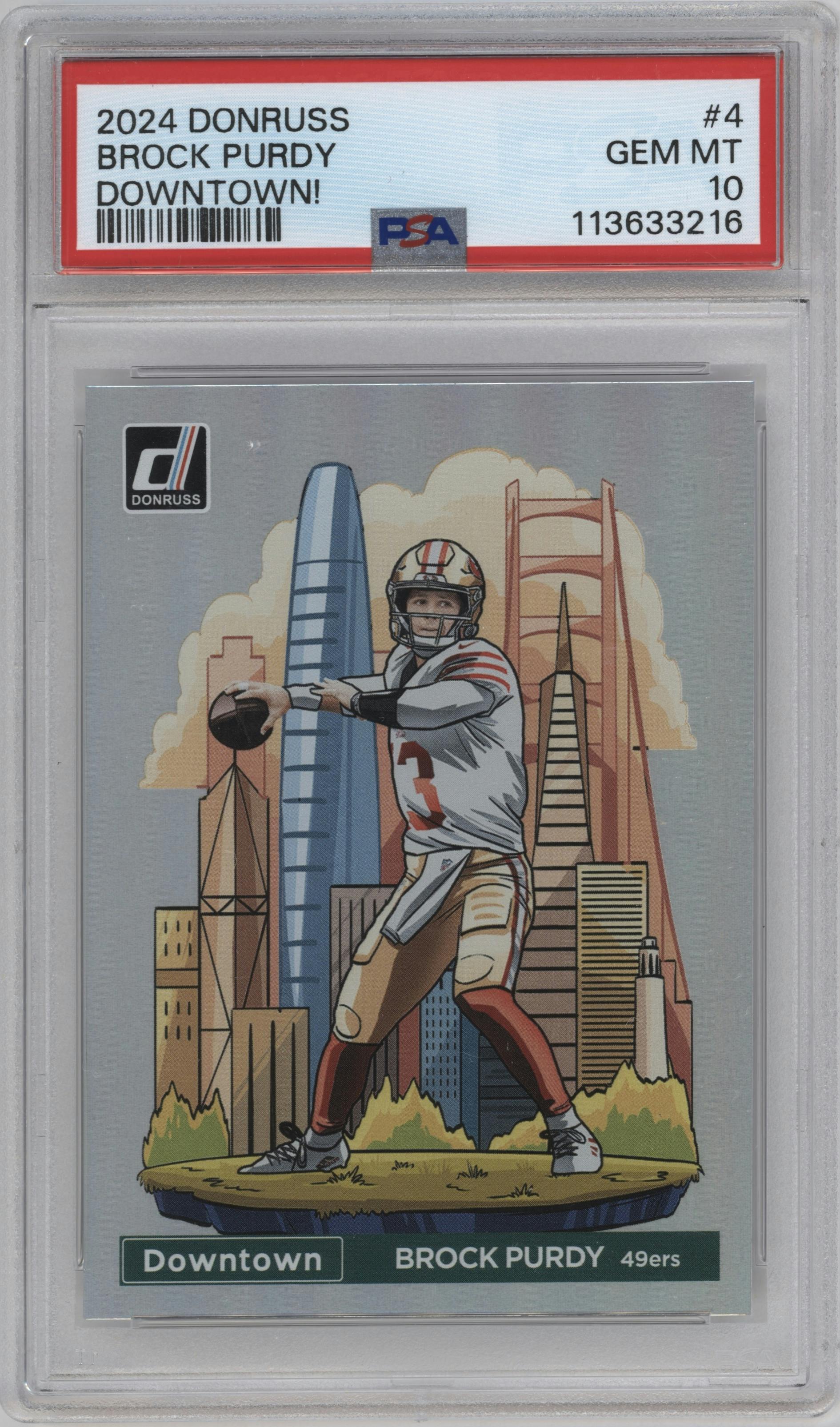 Brock Purdy from the 2024 Donruss set graded by PSA and given an overall grade of 10.