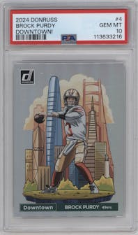 Brock Purdy from the 2024 Donruss set graded by PSA and given an overall grade of 10.