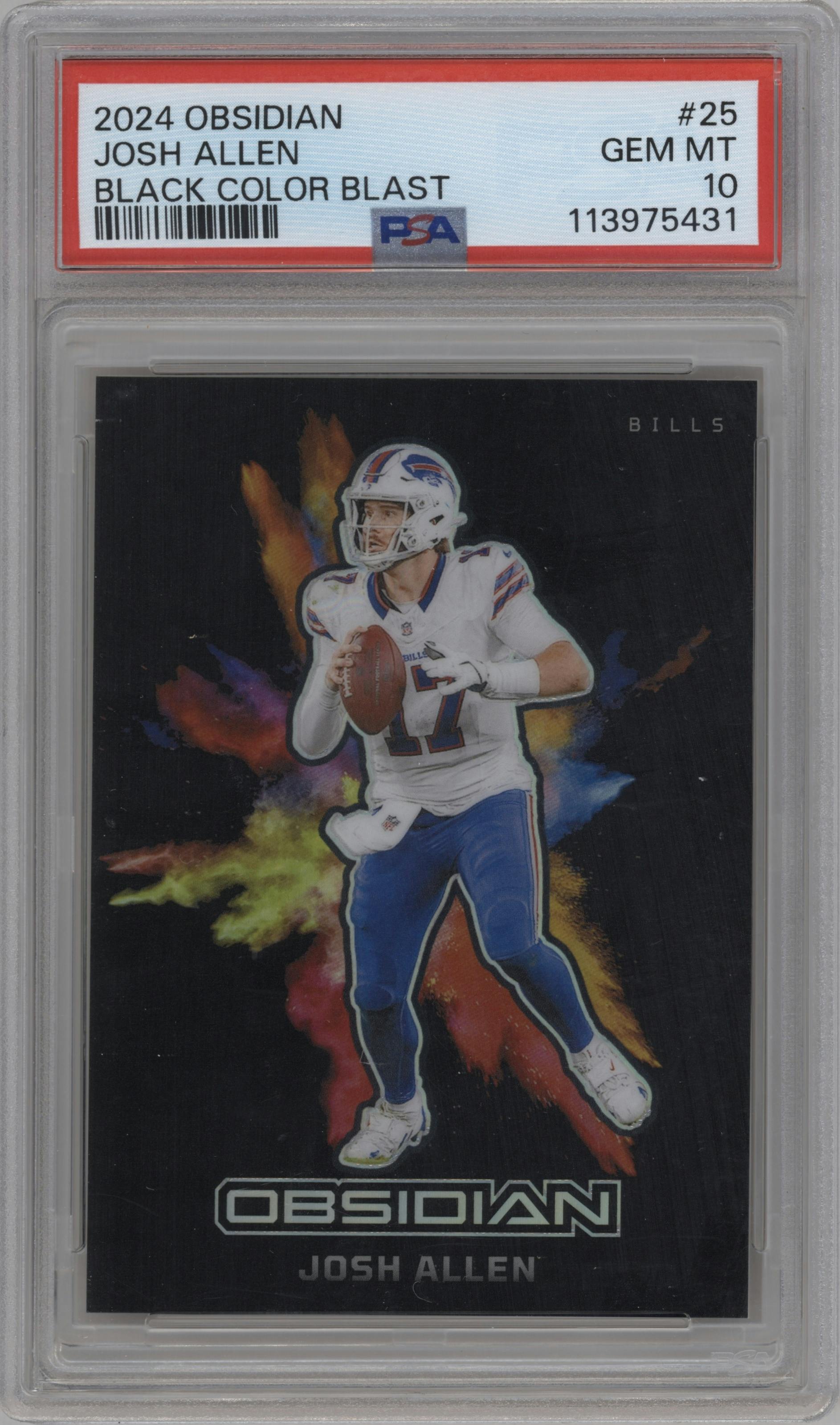 Josh Allen from the 2024 Panini Obsidian set graded by PSA and given an overall grade of 10.