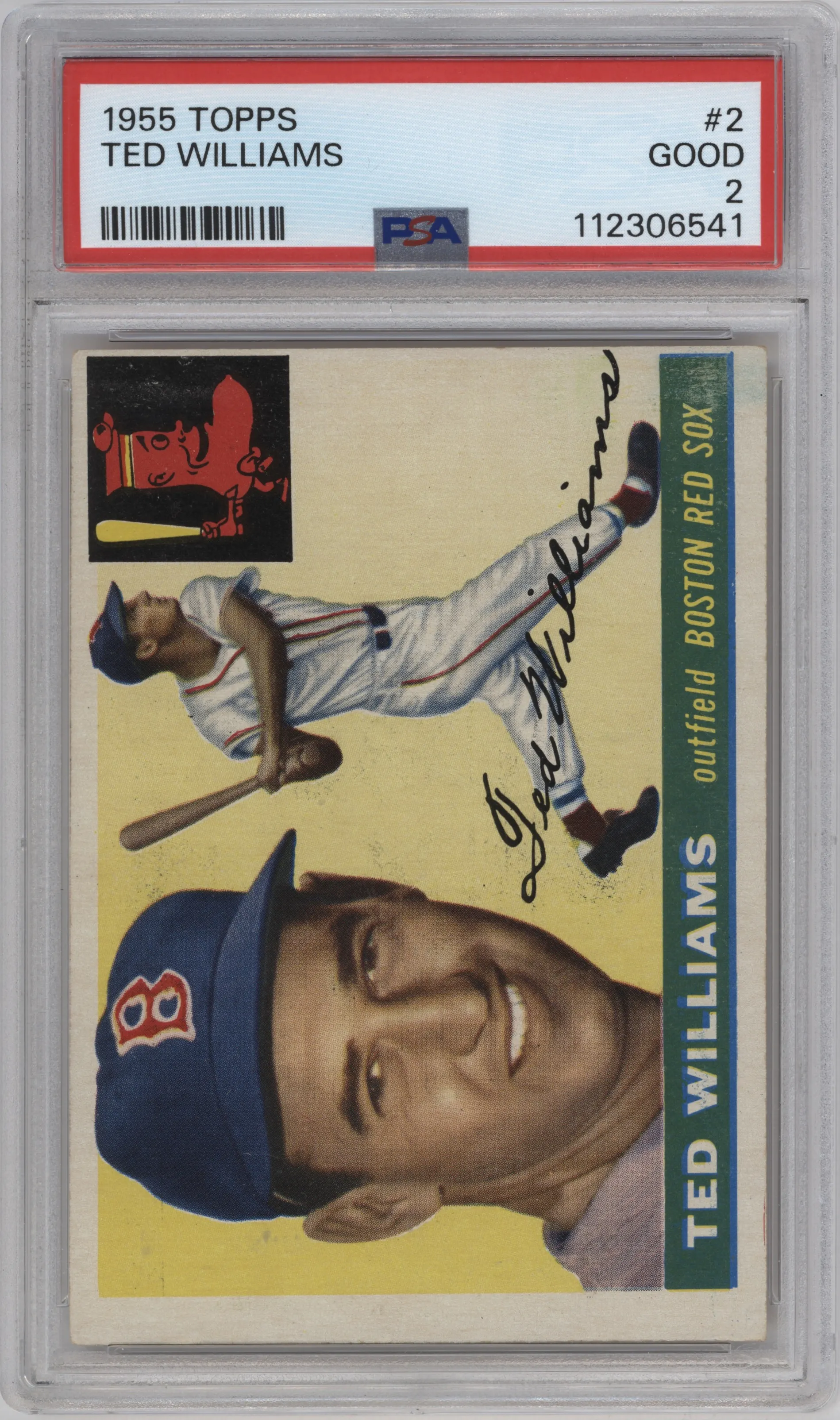 Ted Williams from the 1955 Topps set graded by PSA and given an overall grade of 2.