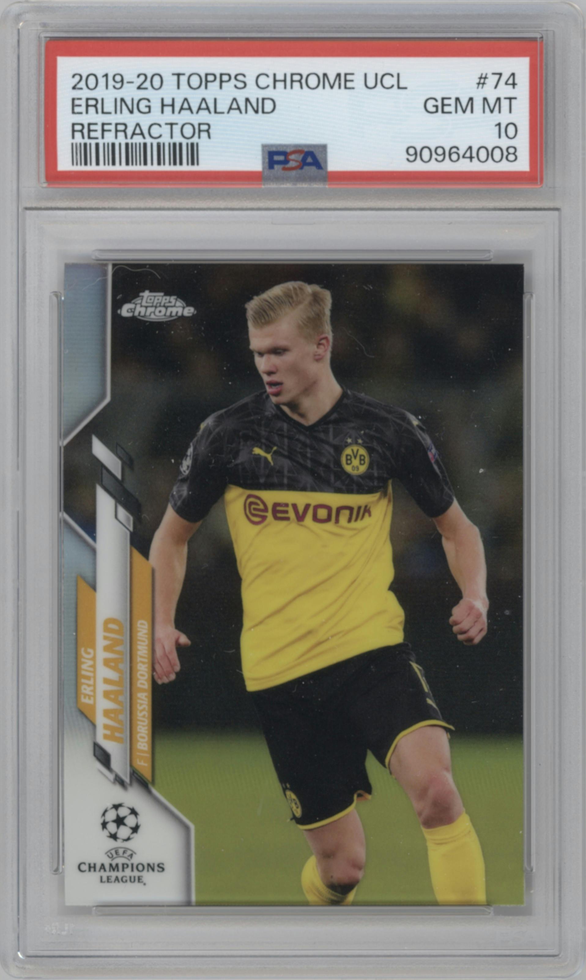 Erling Haaland from the 2019-20 Topps Chrome UEFA Champions League set featuring a Refractor parallel graded by PSA and given an overall grade of 10.