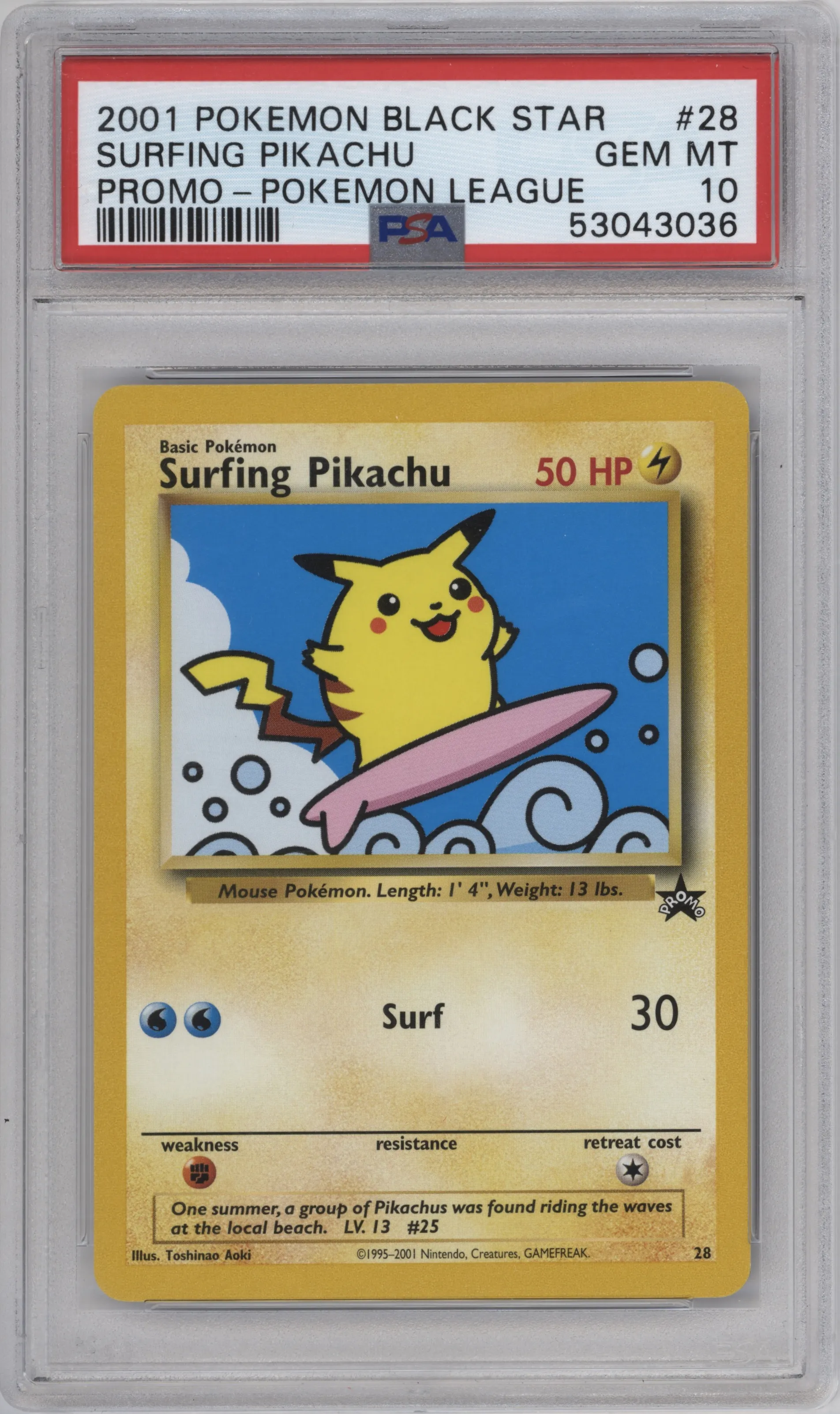 Surfing Pikachu from the 2001 Pokemon set featuring a Pokemon League parallel graded by PSA and given an overall grade of 10.