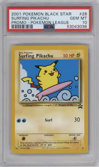 Surfing Pikachu from the 2001 Pokemon set featuring a Pokemon League parallel graded by PSA and given an overall grade of 10.