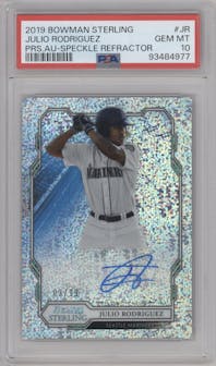 Julio Rodriguez from the 2019 Bowman Sterling set featuring a Speckle Refractor parallel graded by PSA and given an overall grade of 10.