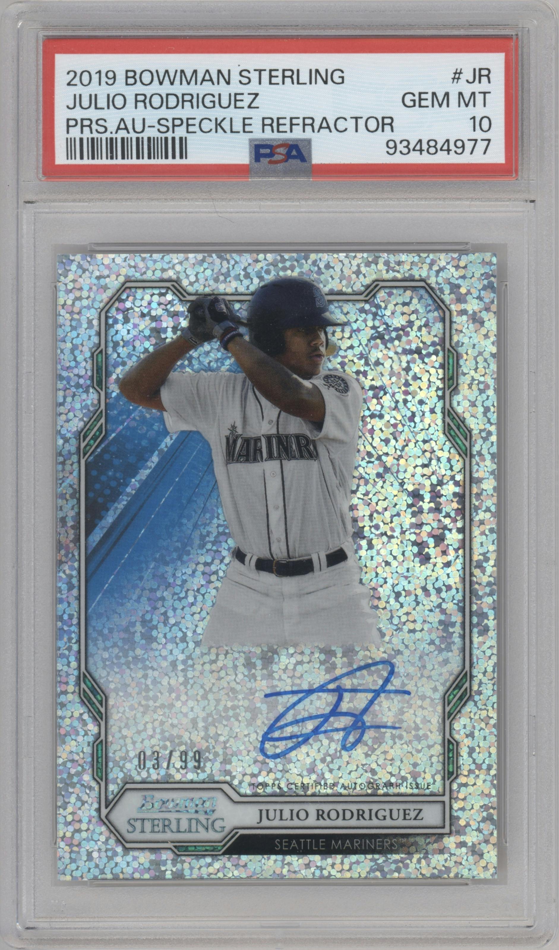 Julio Rodriguez from the 2019 Bowman Sterling set featuring a Speckle Refractor parallel graded by PSA and given an overall grade of 10.