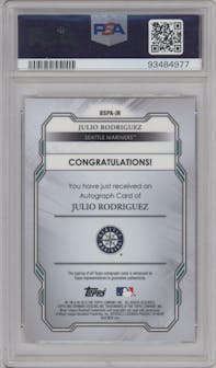Julio Rodriguez from the 2019 Bowman Sterling set featuring a Speckle Refractor parallel graded by PSA and given an overall grade of 10.