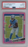 Jahmyr Gibbs from the 2023 Donruss Optic set featuring a Pink parallel graded by PSA and given an overall grade of 10.