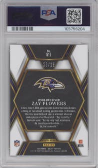 Zay Flowers from the 2022 Panini Select set featuring a Tie-Dye parallel graded by PSA and given an overall grade of 10.