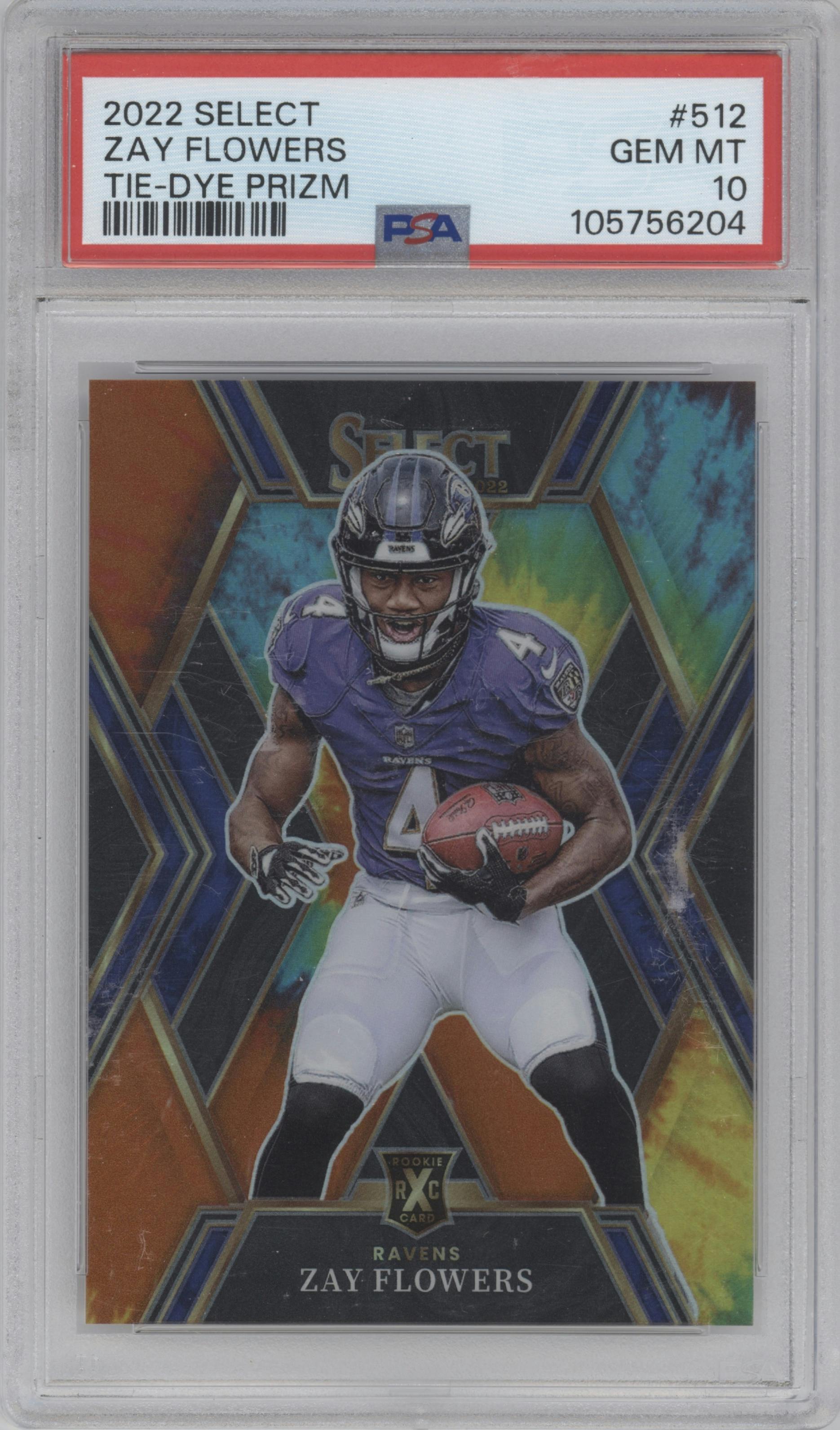 Zay Flowers from the 2022 Panini Select set featuring a Tie-Dye parallel graded by PSA and given an overall grade of 10.