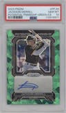 Jackson Merrill from the 2023 Panini Prizm set featuring a Green Ice parallel graded by PSA and given an overall grade of 10.