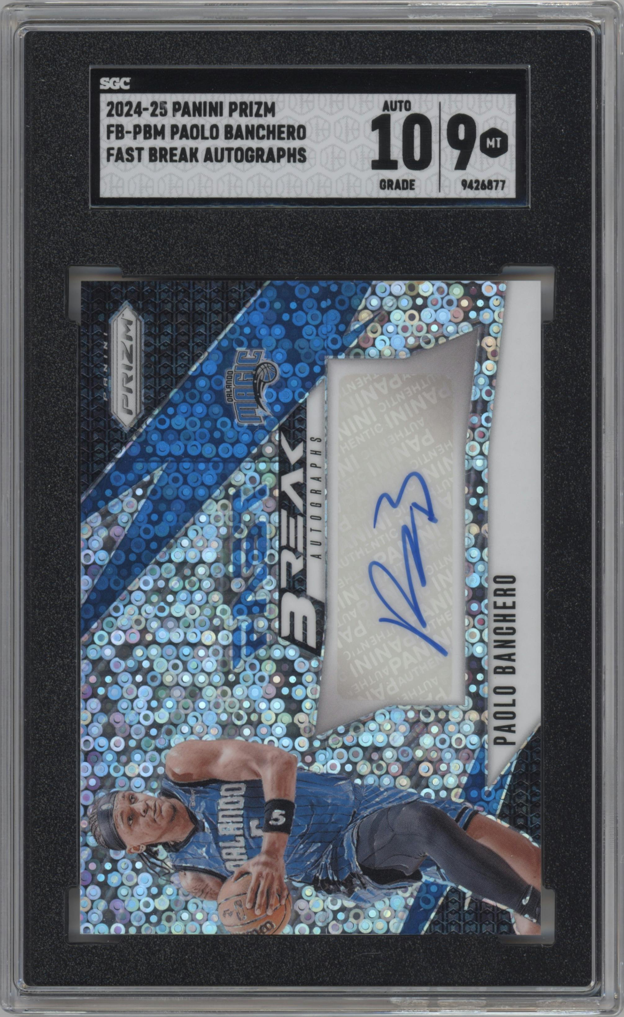 Paolo Banchero from the 2024-25 Panini Prizm set graded by SGC and given an overall grade of 9.