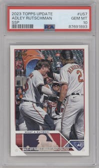 Adley Rutschman from the 2023 Topps Update set featuring a SSP parallel graded by PSA and given an overall grade of 10.