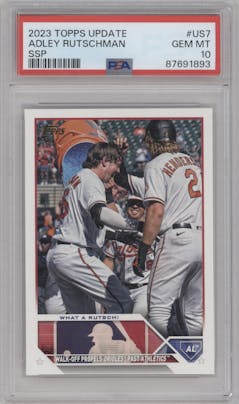 Adley Rutschman from the 2023 Topps Update set featuring a SSP parallel graded by PSA and given an overall grade of 10.