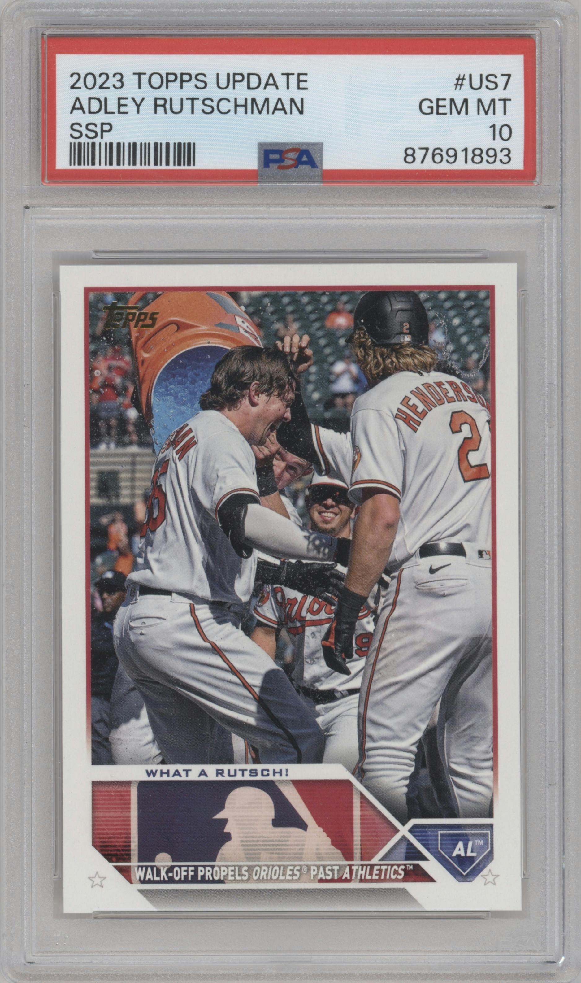 Adley Rutschman from the 2023 Topps Update set featuring a SSP parallel graded by PSA and given an overall grade of 10.