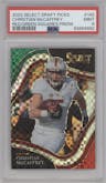 Christian McCaffrey from the 2022 Panini Select Draft Picks set featuring a Red & Green Squares parallel graded by PSA and given an overall grade of 9.