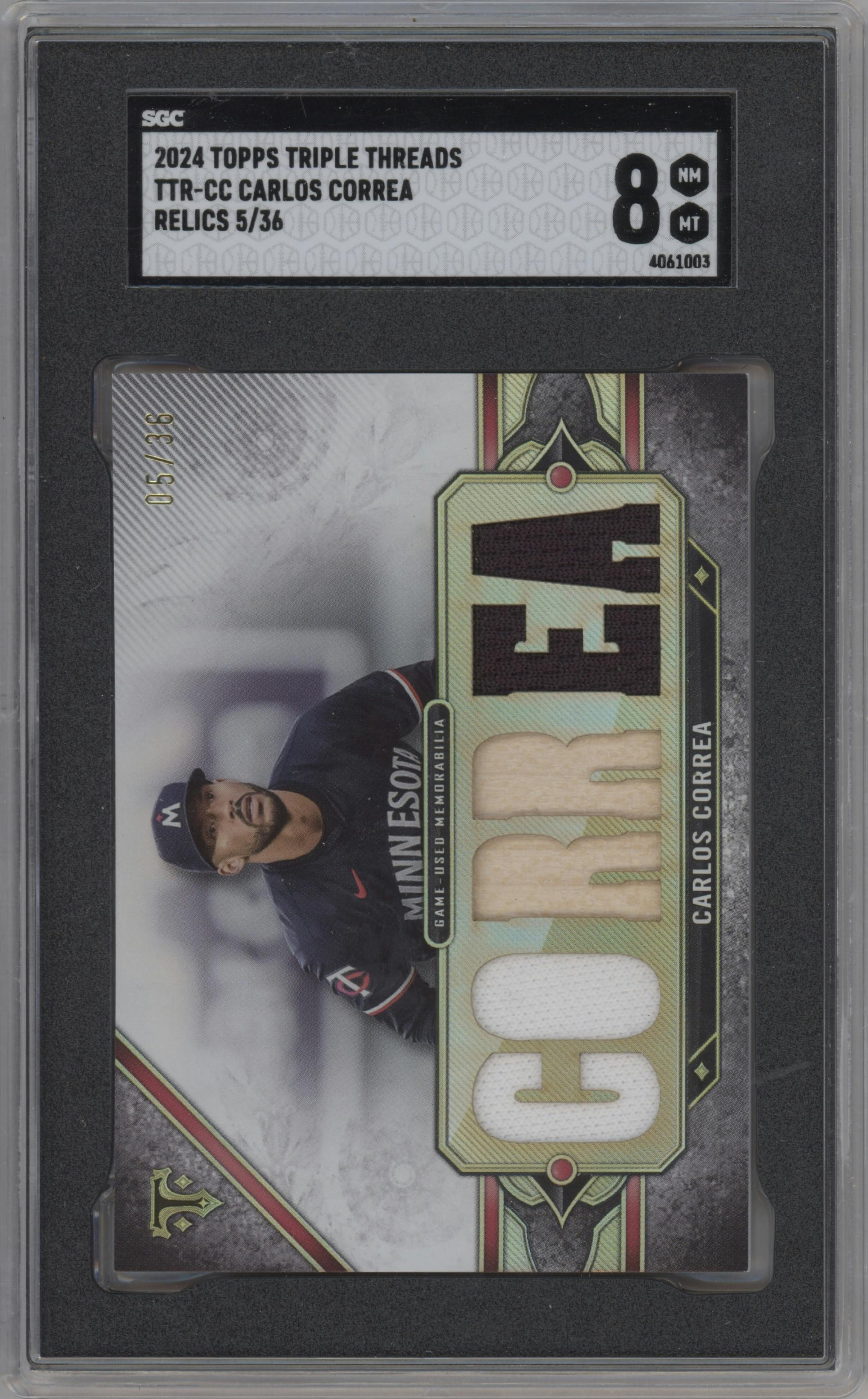 Carlos Correa from the 2024 Topps Triple Threads set graded by SGC and given an overall grade of 8.