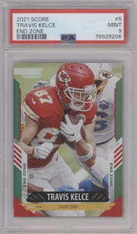 Travis Kelce from the 2021 Panini Score set featuring a End Zone parallel graded by PSA and given an overall grade of 9.