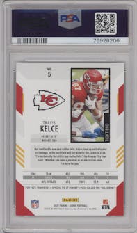Travis Kelce from the 2021 Panini Score set featuring a End Zone parallel graded by PSA and given an overall grade of 9.