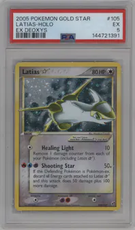 Latias Gold Star from the 2005 Pokemon EX set graded by PSA and given an overall grade of 5.