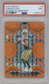 Jordan Love from the 2024 Panini Mosaic set featuring a Orange Fluorescent parallel graded by PSA and given an overall grade of 9.