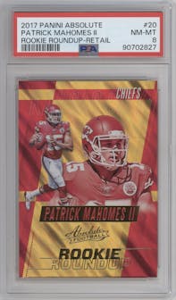 Patrick Mahomes II from the 2017 Panini Absolute set featuring a Retail parallel graded by PSA and given an overall grade of 8.