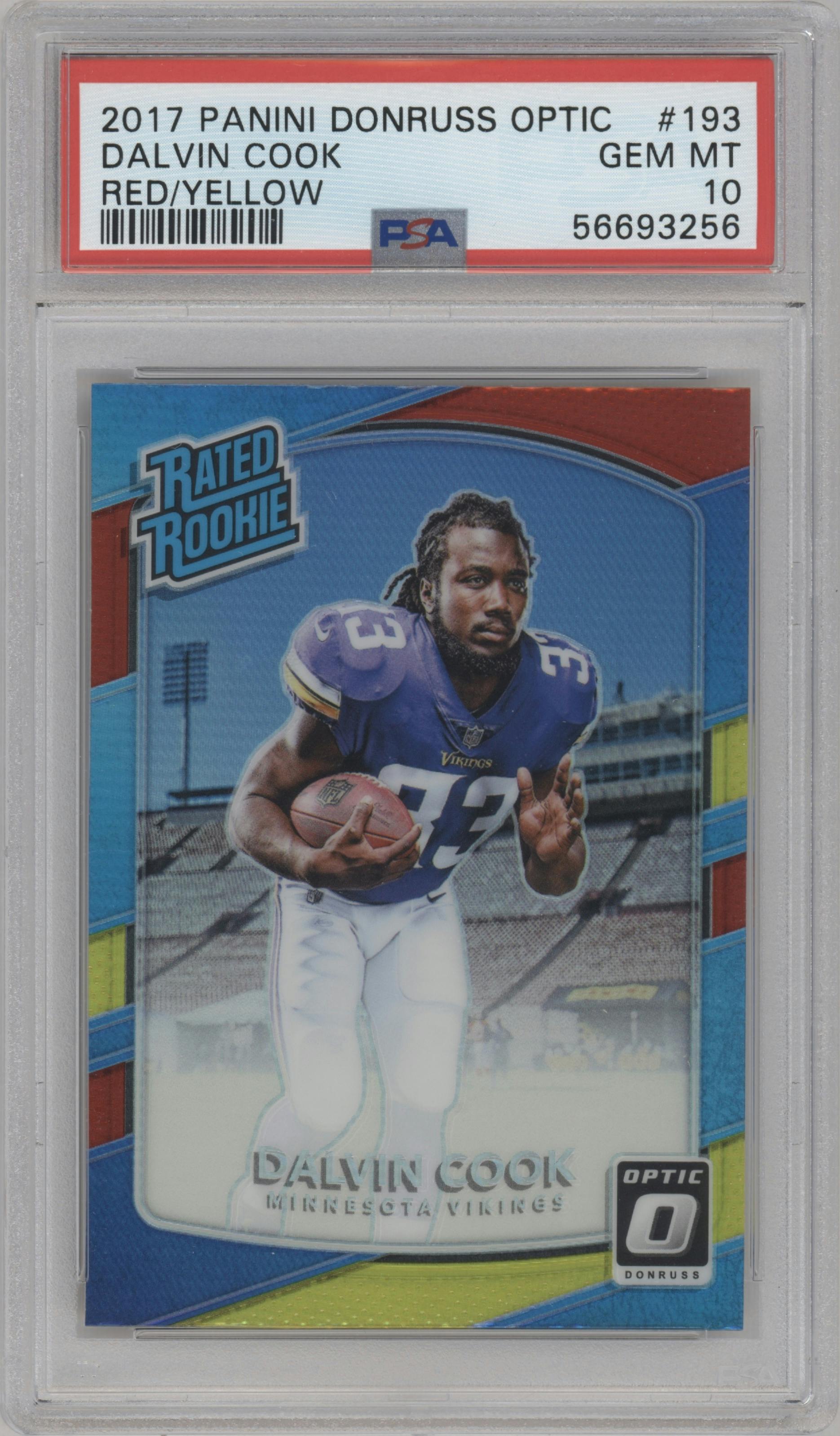 Dalvin Cook from the 2017 Panini Donruss Optic set featuring a Red/Yellow parallel graded by PSA and given an overall grade of 10.
