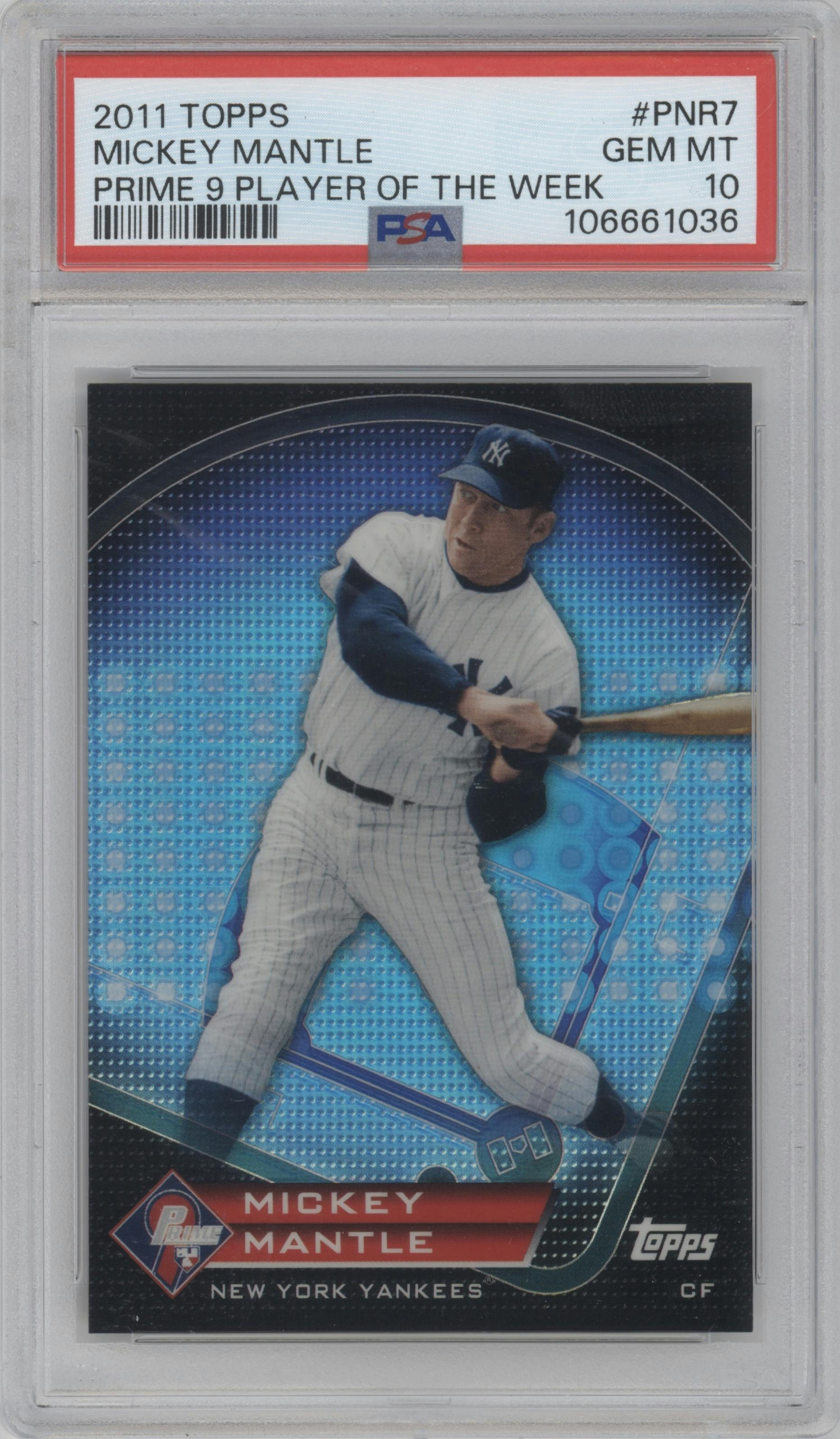 Mickey Mantle from the 2011 Topps set graded by PSA and given an overall grade of 10.