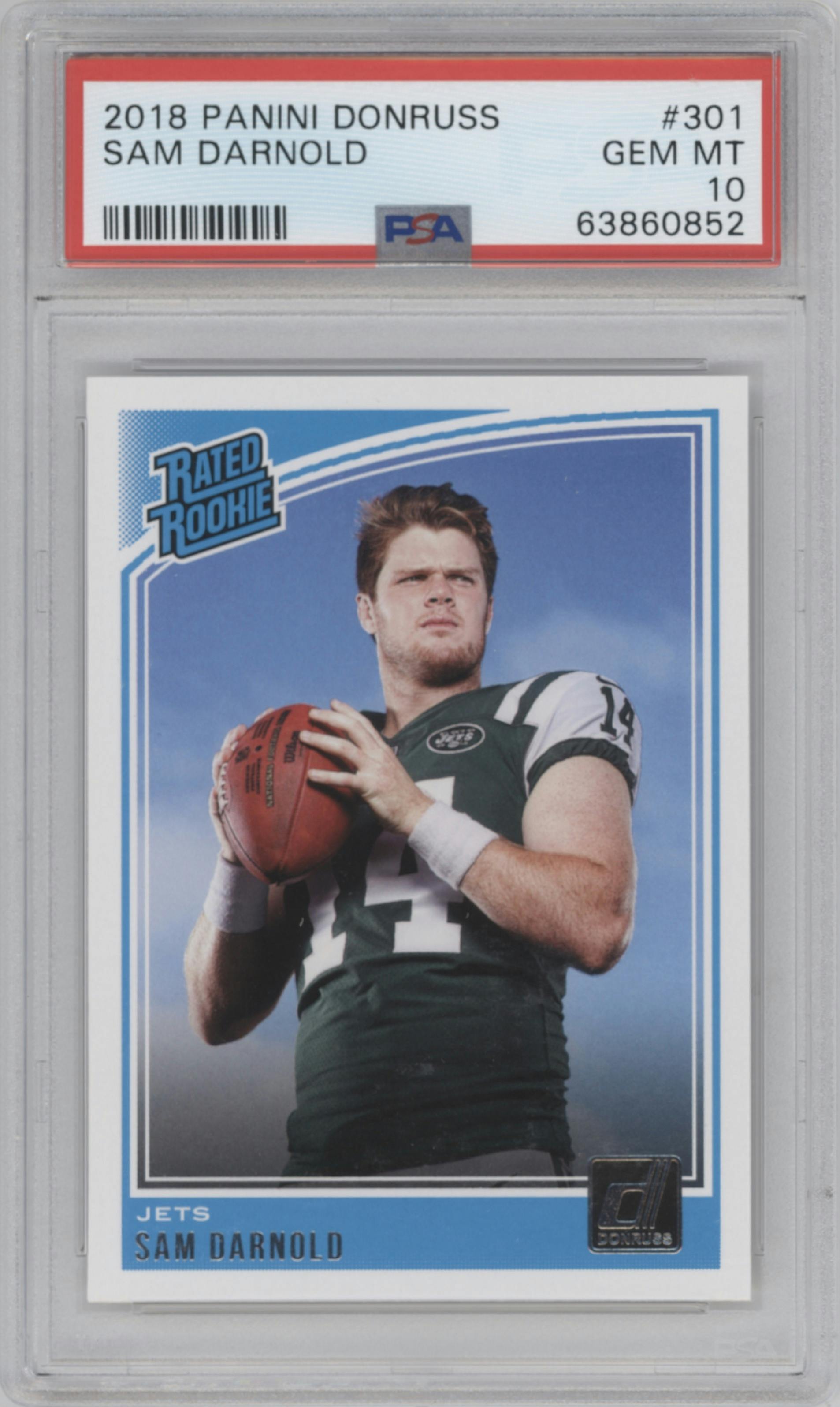 Sam Darnold from the 2018 Panini Donruss set graded by PSA and given an overall grade of 10.