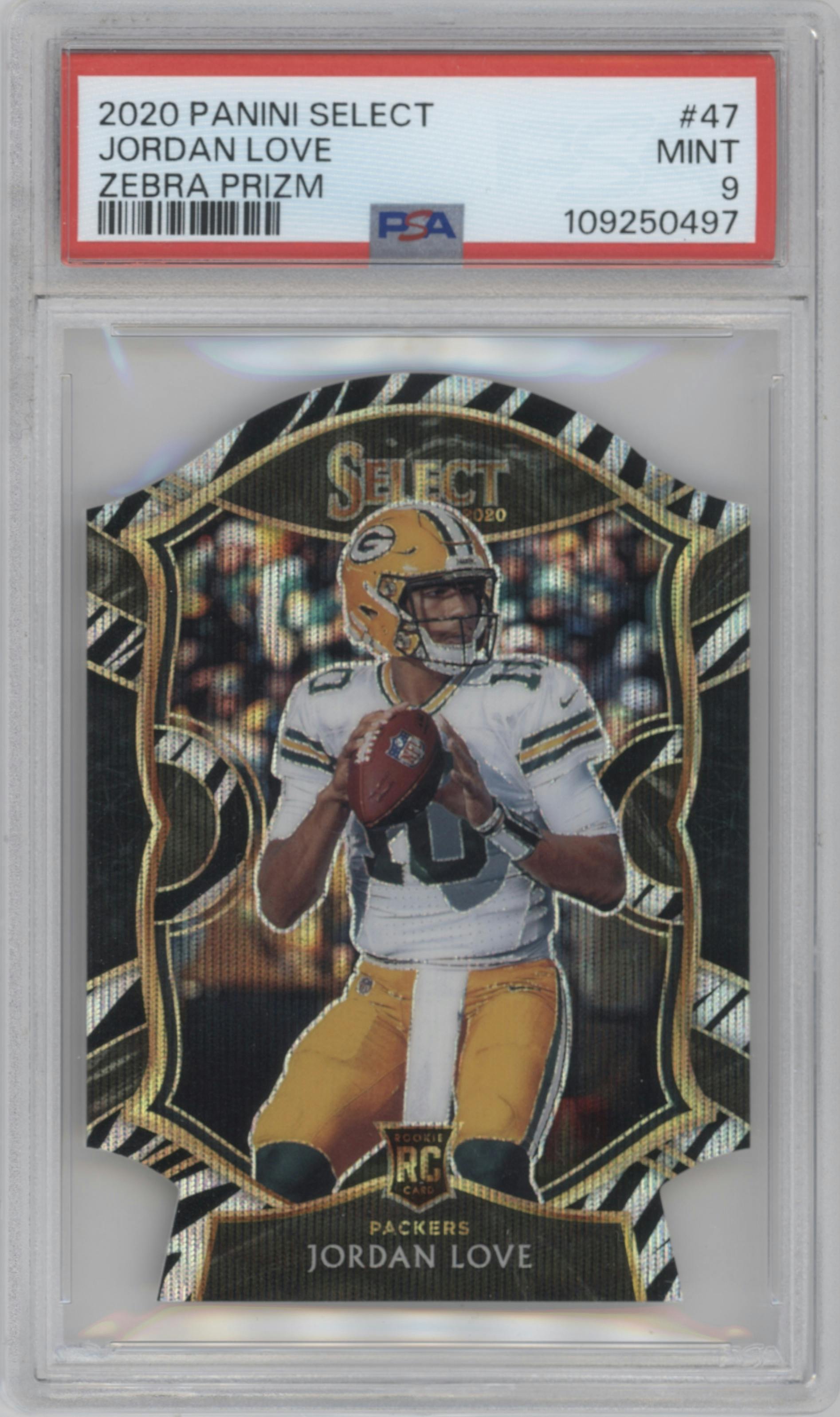 Jordan Love from the 2020 Panini Select set featuring a Die-Cut Zebra parallel graded by PSA and given an overall grade of 9.