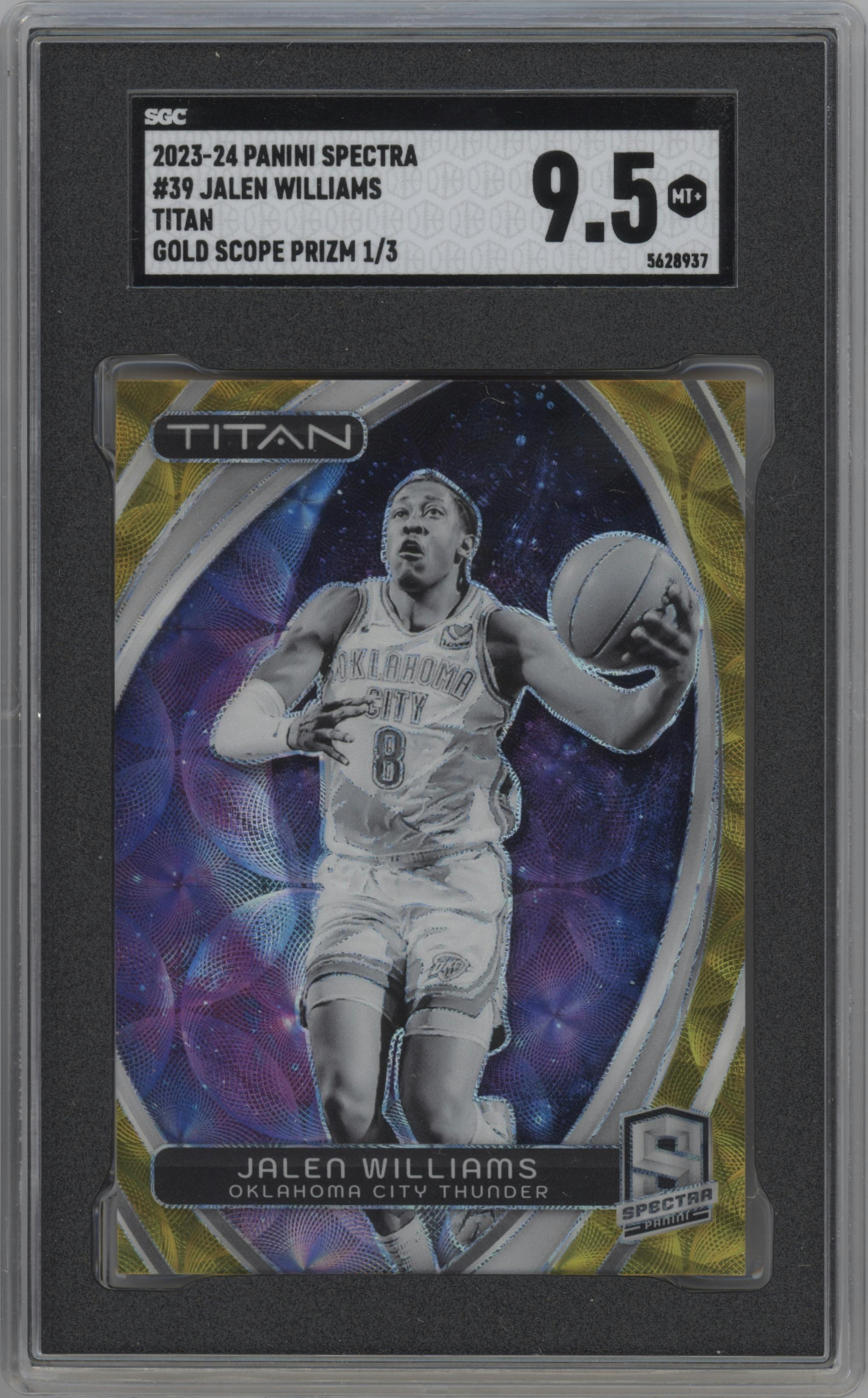 Jalen Williams from the 2023-24 Panini Spectra set featuring a Gold Scope FOTL parallel graded by SGC and given an overall grade of 9.5.