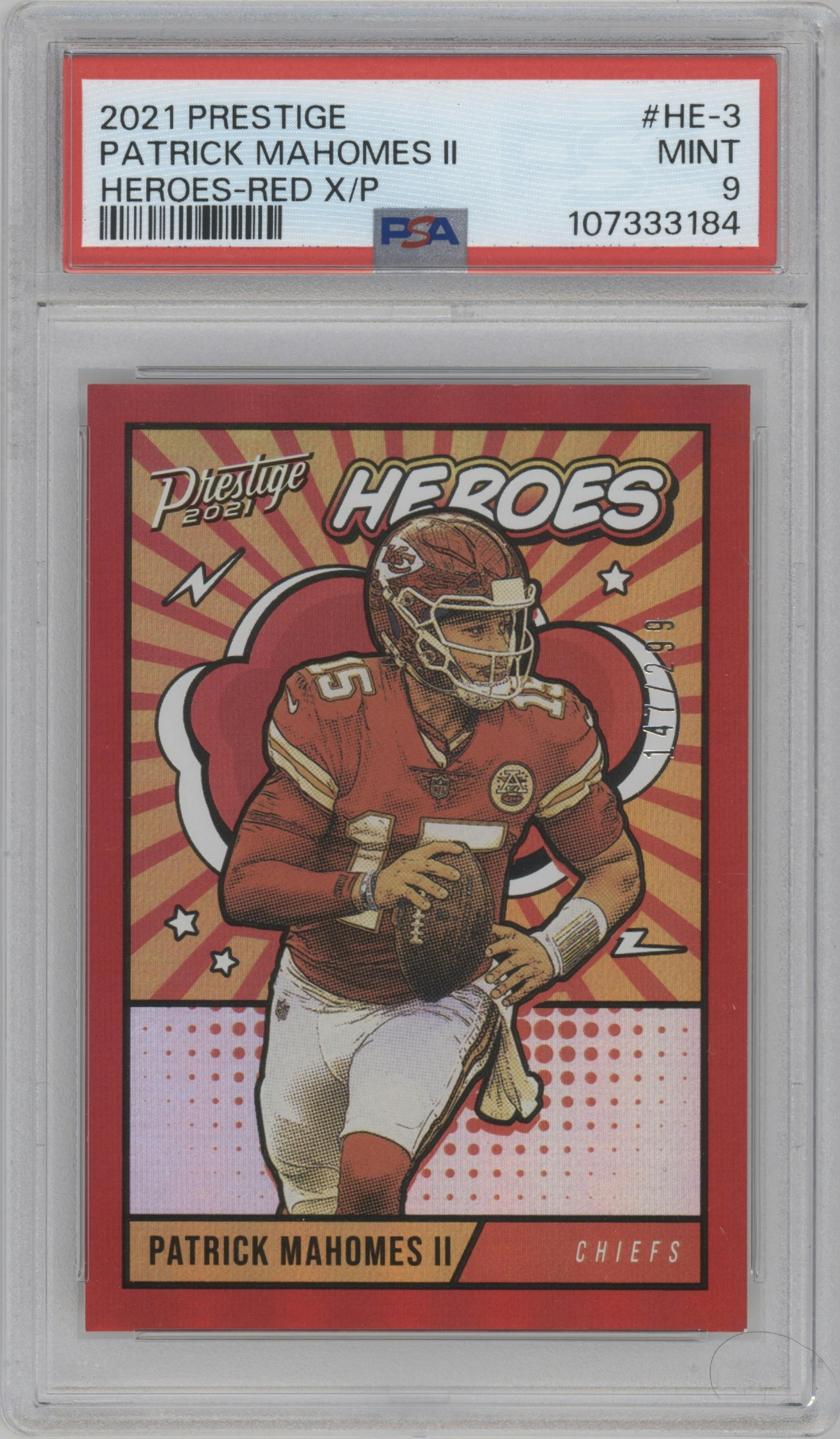Patrick Mahomes II from the 2021 Panini Prestige set featuring a Xtra Points Red parallel graded by PSA and given an overall grade of 9.