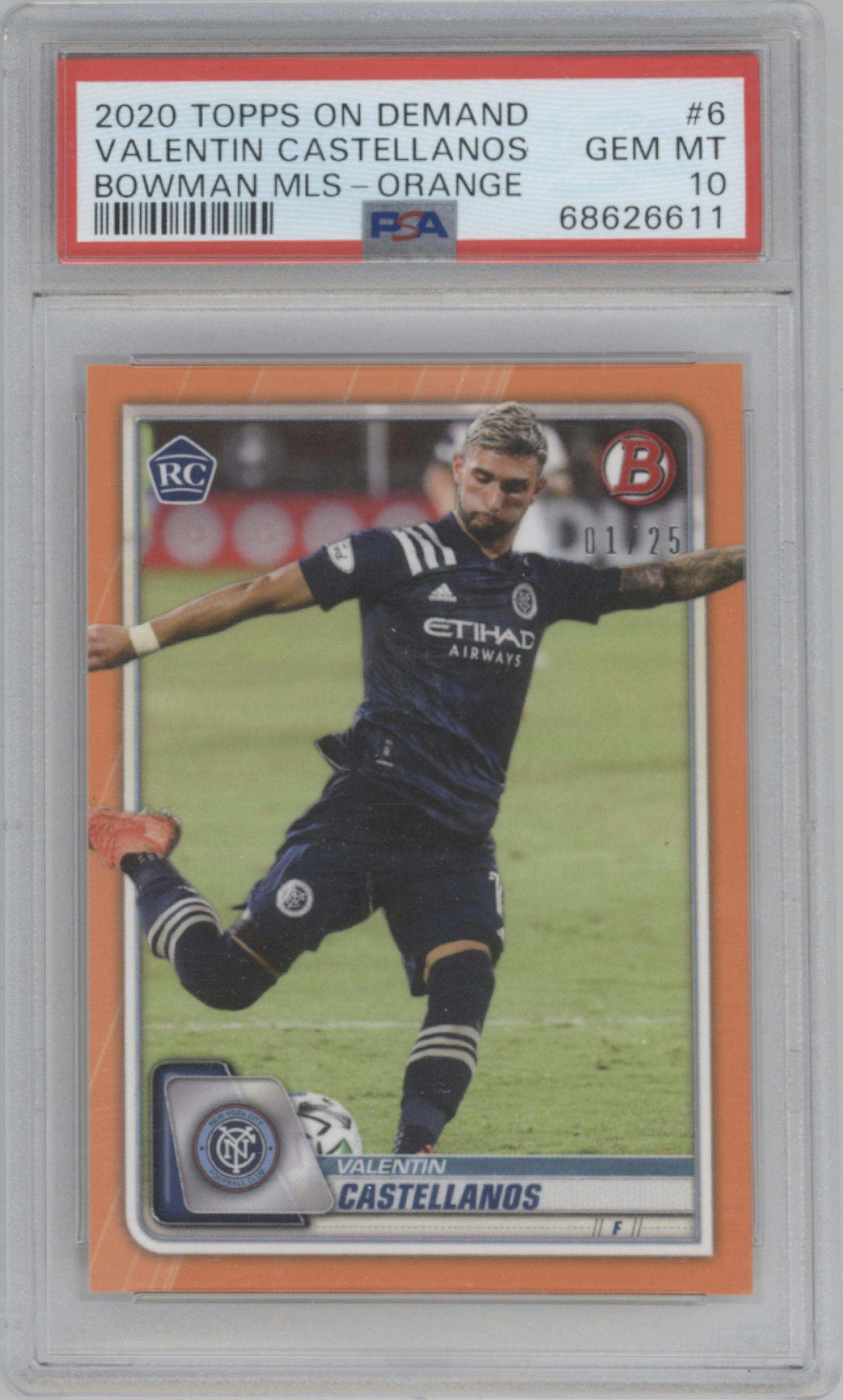 Valentin Castellanos from the 2020 Bowman MLS set featuring a Orange parallel graded by PSA and given an overall grade of 10.