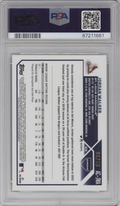 Jordan Walker  from the 2023 Topps Chrome Update set featuring a Gold Refractor parallel graded by PSA and given an overall grade of 9.