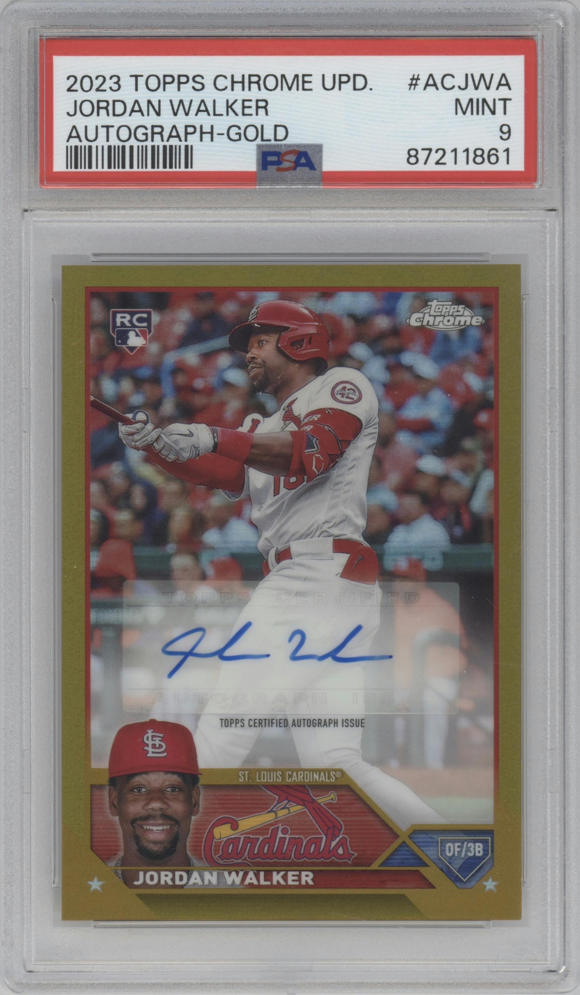 Jordan Walker  from the 2023 Topps Chrome Update set featuring a Gold Refractor parallel graded by PSA and given an overall grade of 9.