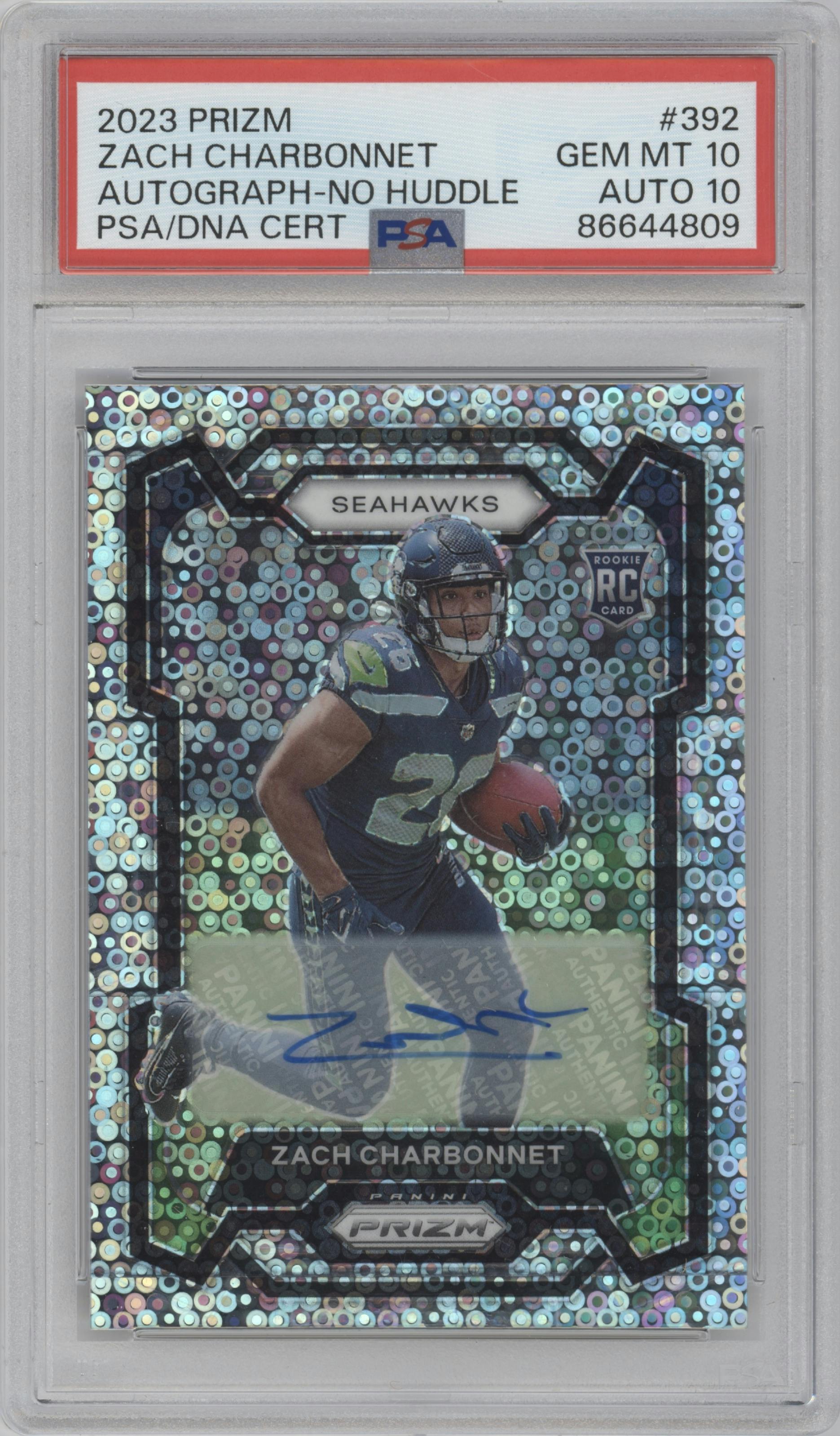 Zach Charbonnet from the 2023 Panini Prizm set featuring a No Huddle parallel graded by PSA and given an overall grade of 10.