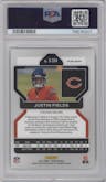 Justin Fields from the 2021 Panini Prizm set featuring a Silver Prizm parallel graded by PSA and given an overall grade of 10.