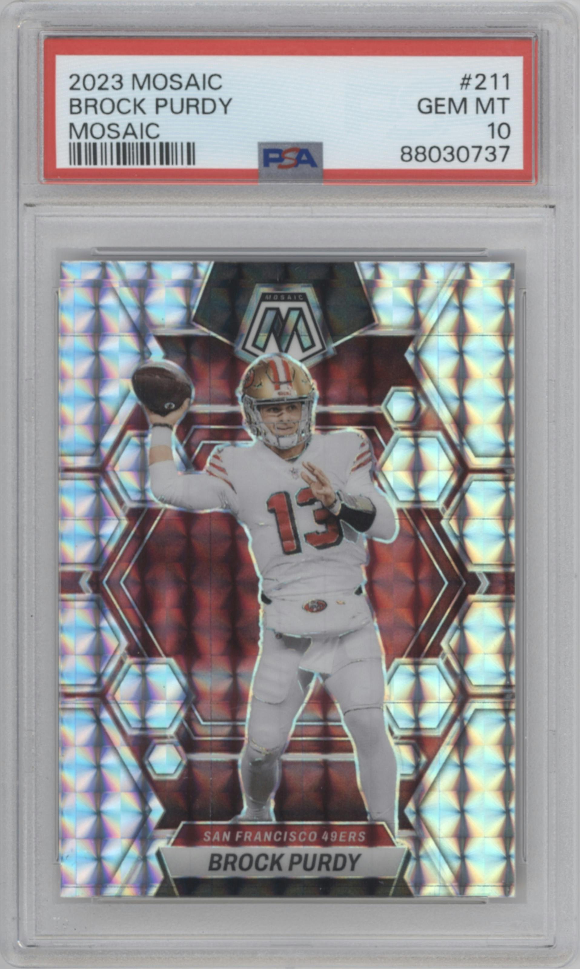 Brock Purdy from the 2023 Panini Mosaic set featuring a Mosaic parallel graded by PSA and given an overall grade of 10.