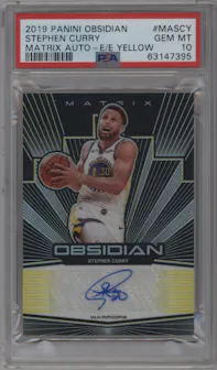 Stephen Curry from the 2019-20 Panini Obsidian set featuring a Electric Etch Yellow parallel graded by PSA and given an overall grade of 10.