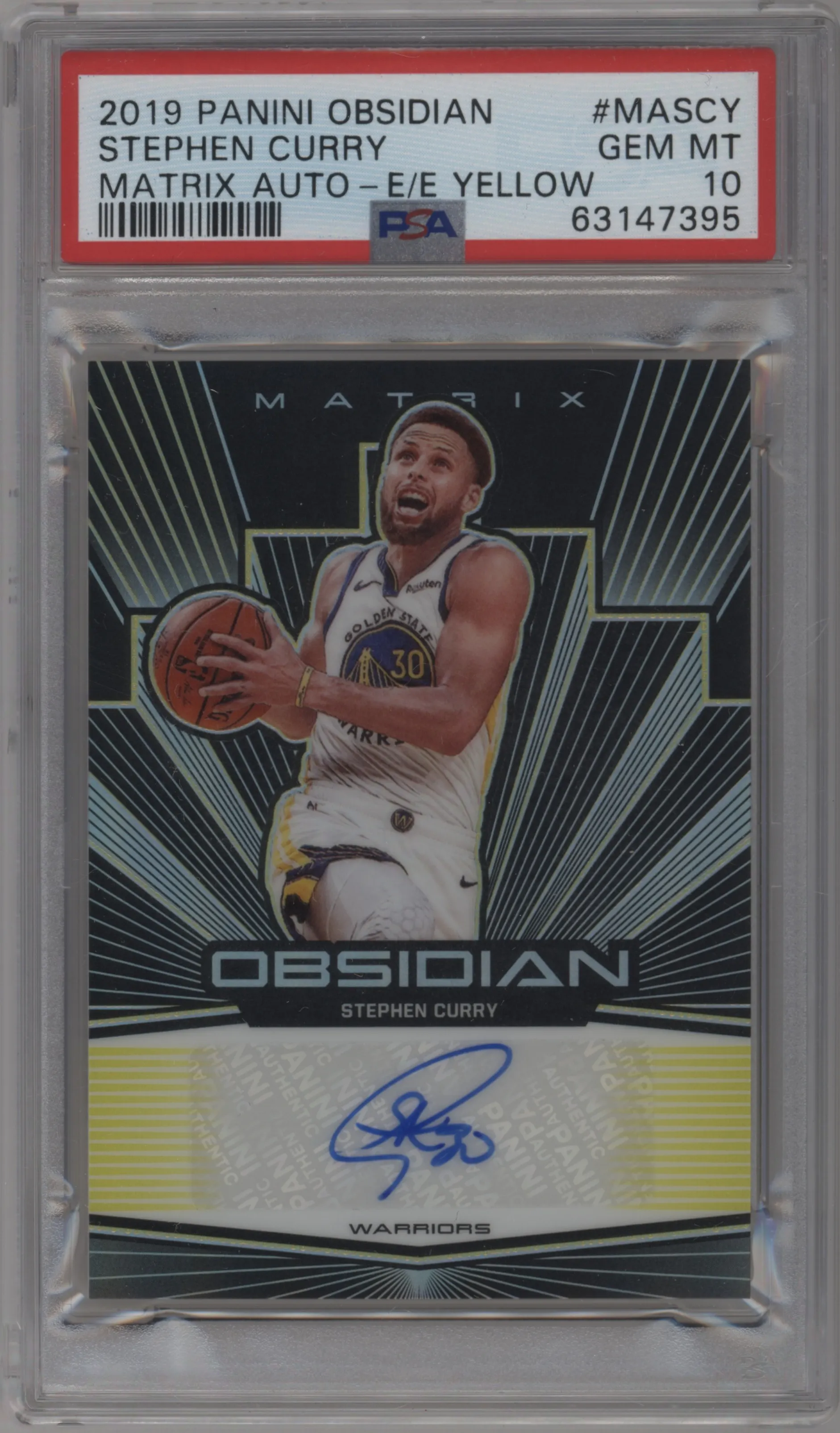Stephen Curry from the 2019-20 Panini Obsidian set featuring a Electric Etch Yellow parallel graded by PSA and given an overall grade of 10.