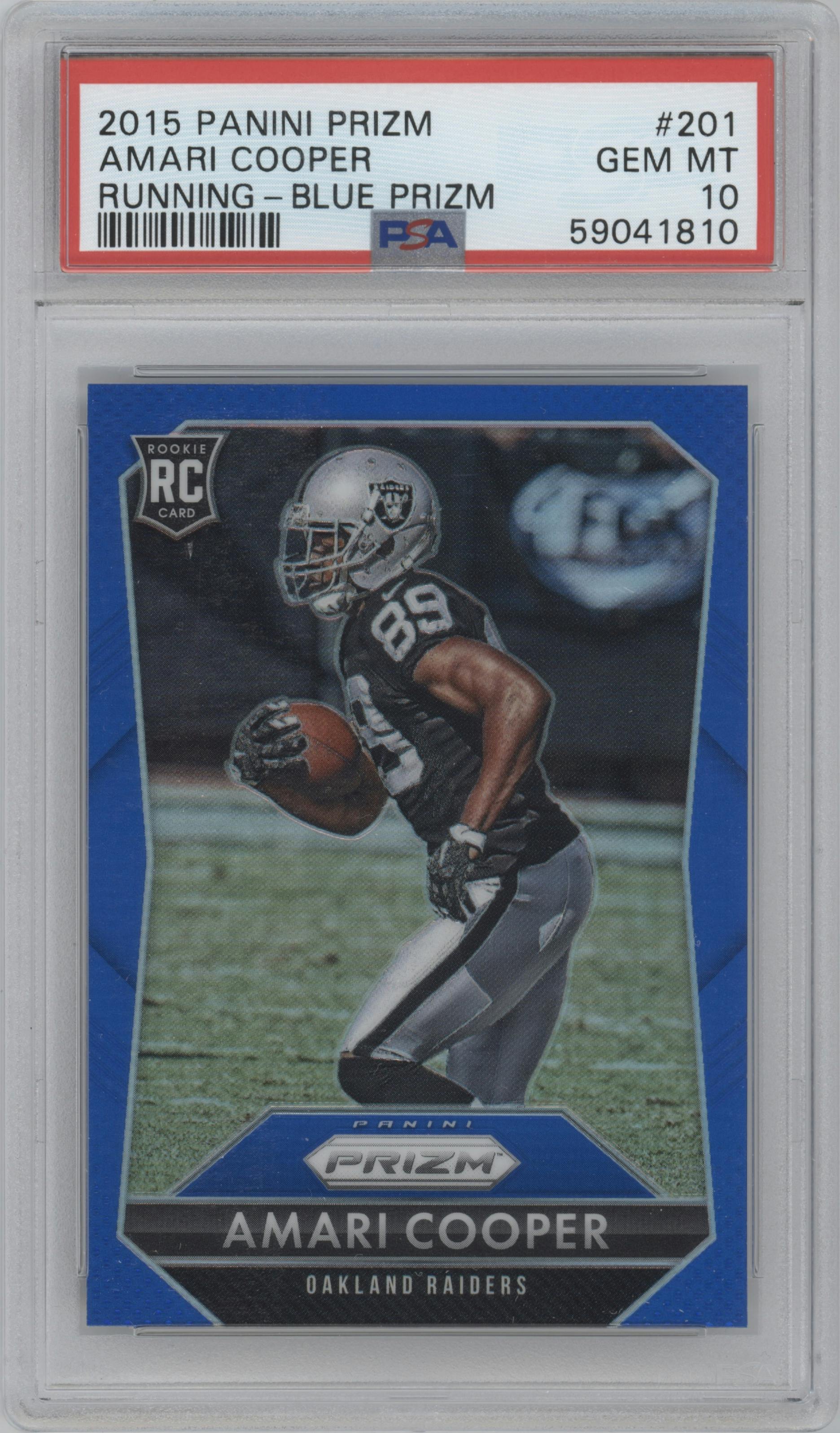 Amari Cooper from the 2015 Panini Prizm set featuring a Blue Prizm parallel graded by PSA and given an overall grade of 10.