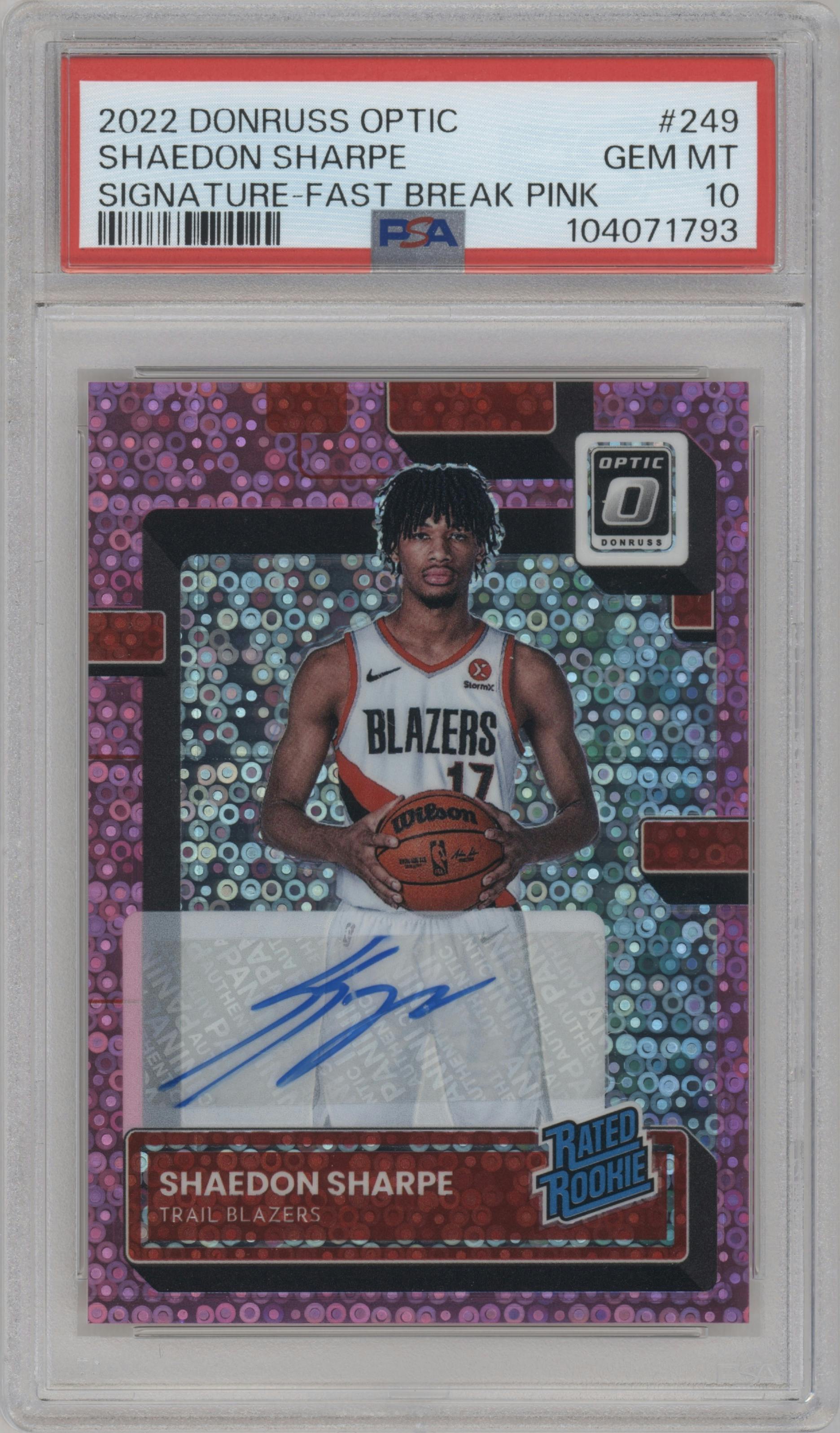 Shaedon Sharpe from the 2022-23 Panini Donruss Optic  set featuring a Fast Break Pink parallel graded by PSA and given an overall grade of 10.