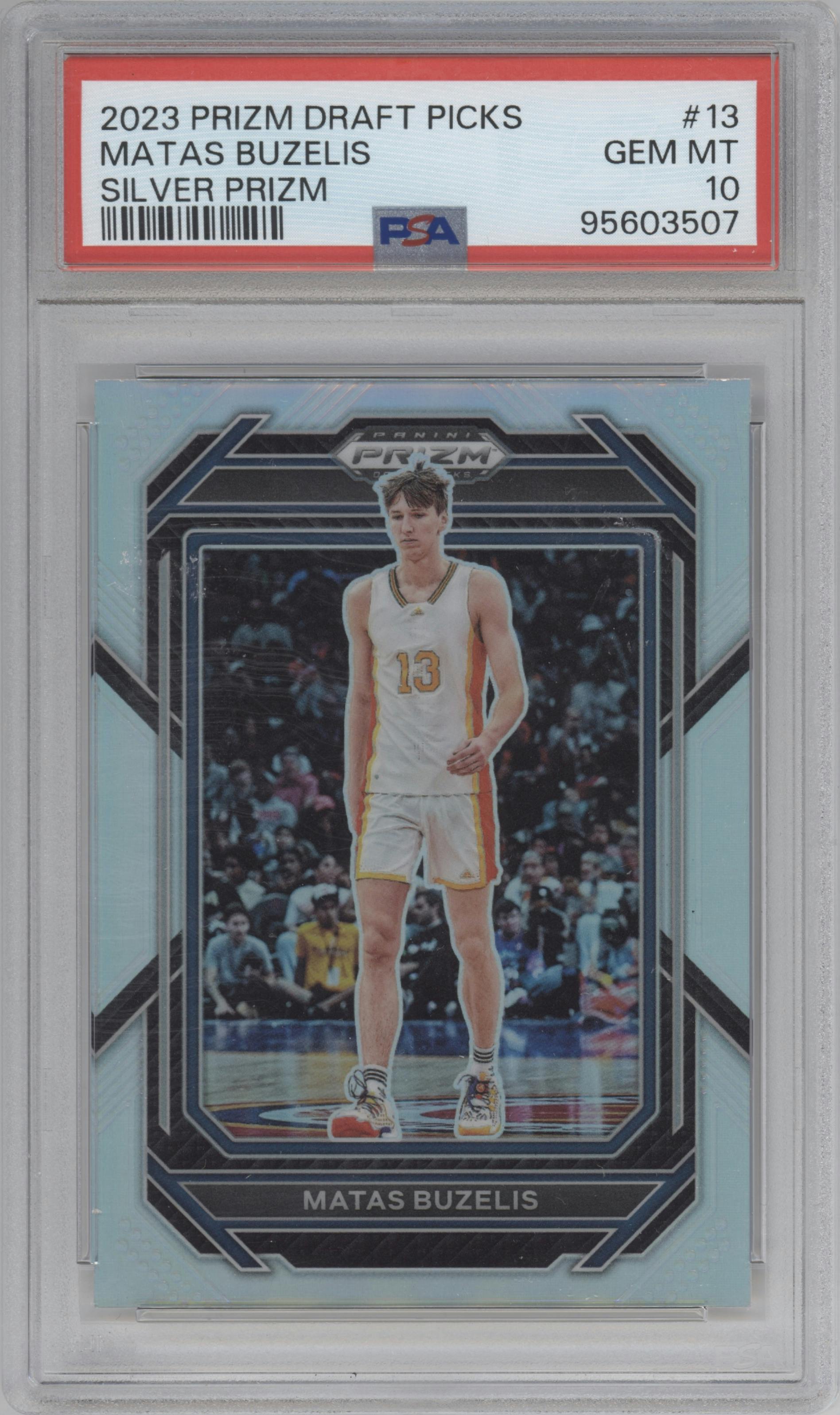 Matas Buzelis from the 2023-24 Panini Prizm Draft Picks set featuring a Silver Prizm parallel graded by PSA and given an overall grade of 10.
