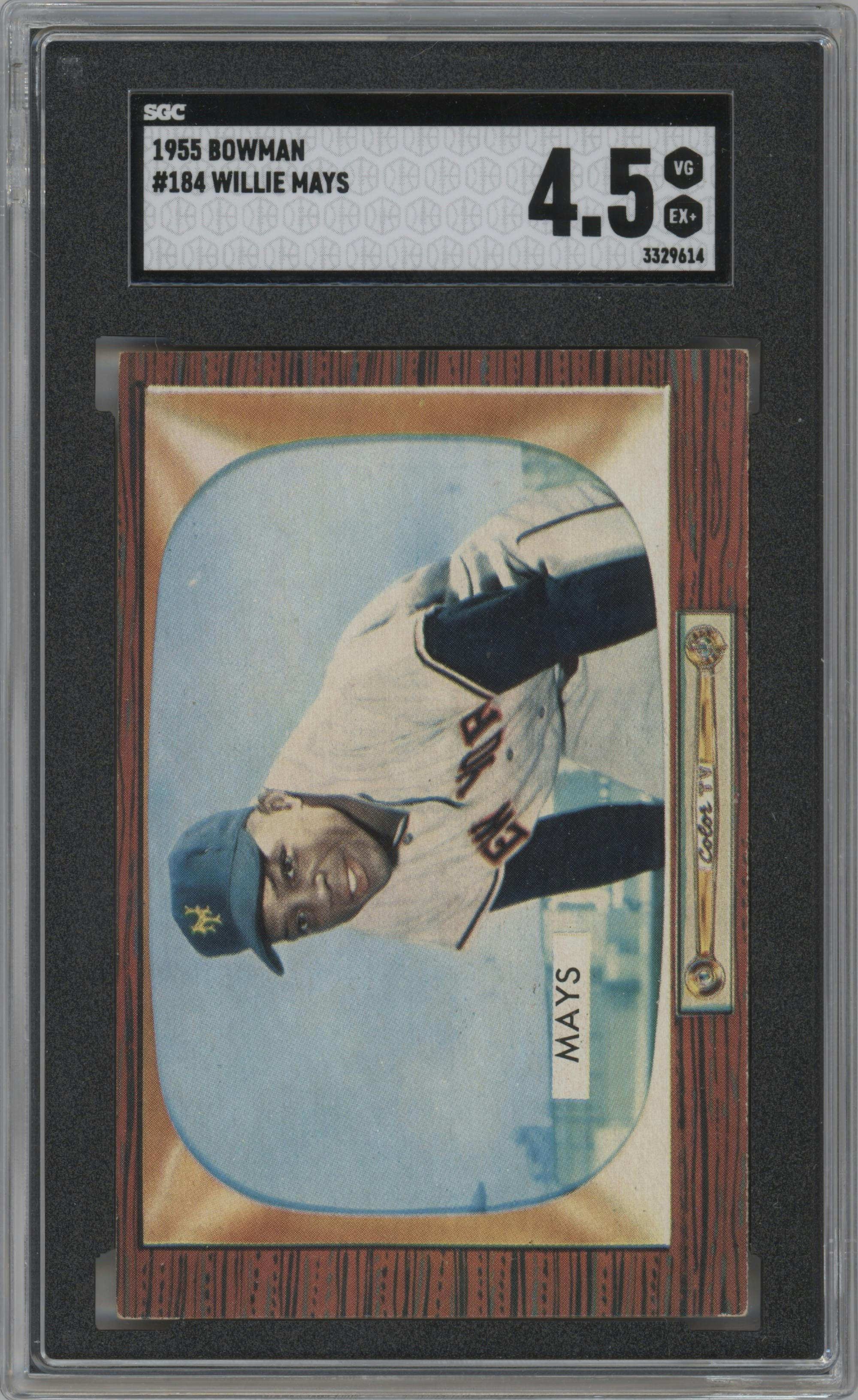 Willie Mays from the 1955 Bowman set graded by SGC and given an overall grade of 4.5.