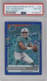 Tua Tagovailoa from the 2020 Panini Donruss Optic set featuring a Blue Scope parallel graded by PSA and given an overall grade of 10.