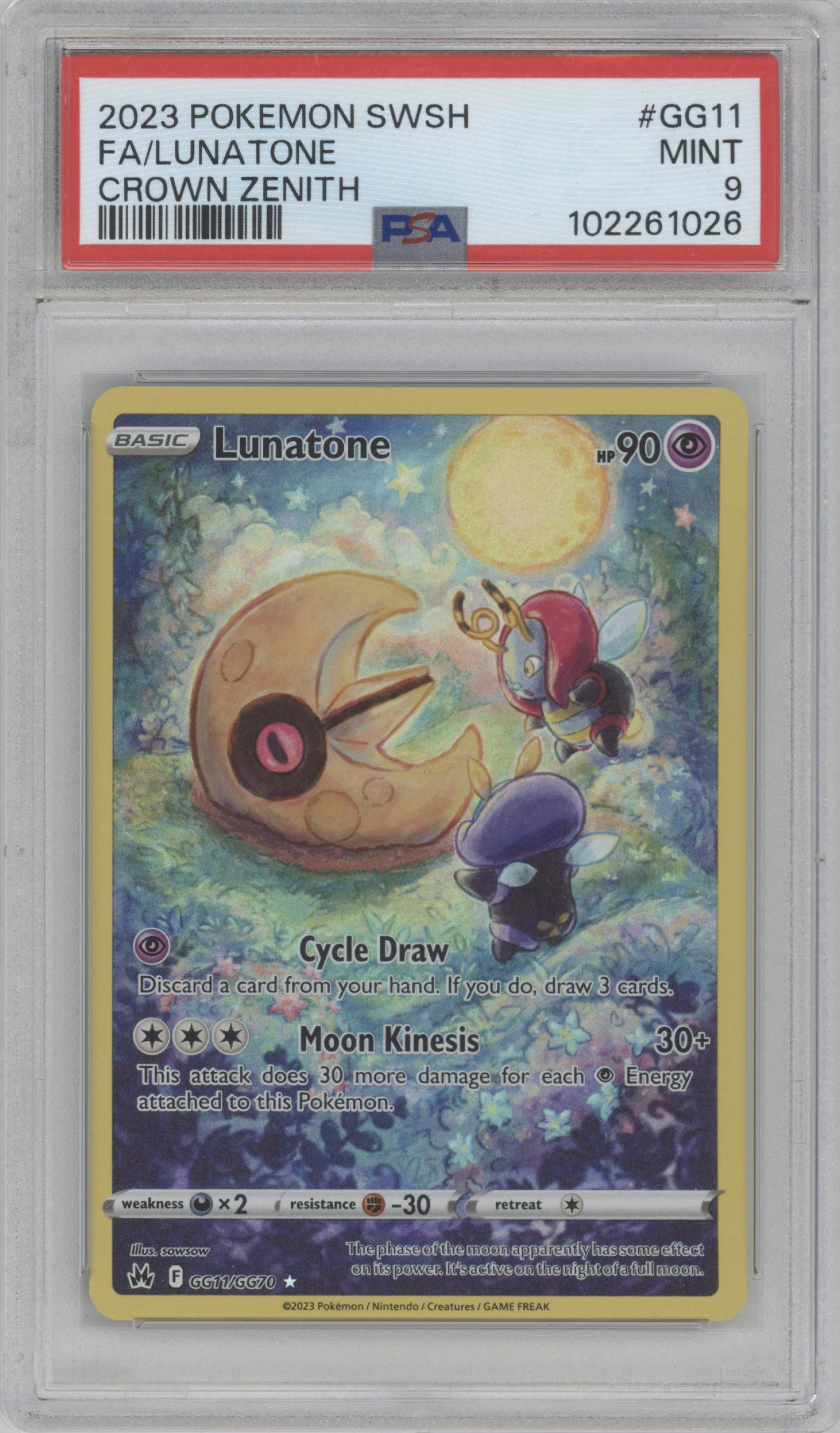 Lunatone from the 2023 Pokemon SWSH set graded by PSA and given an overall grade of 9.