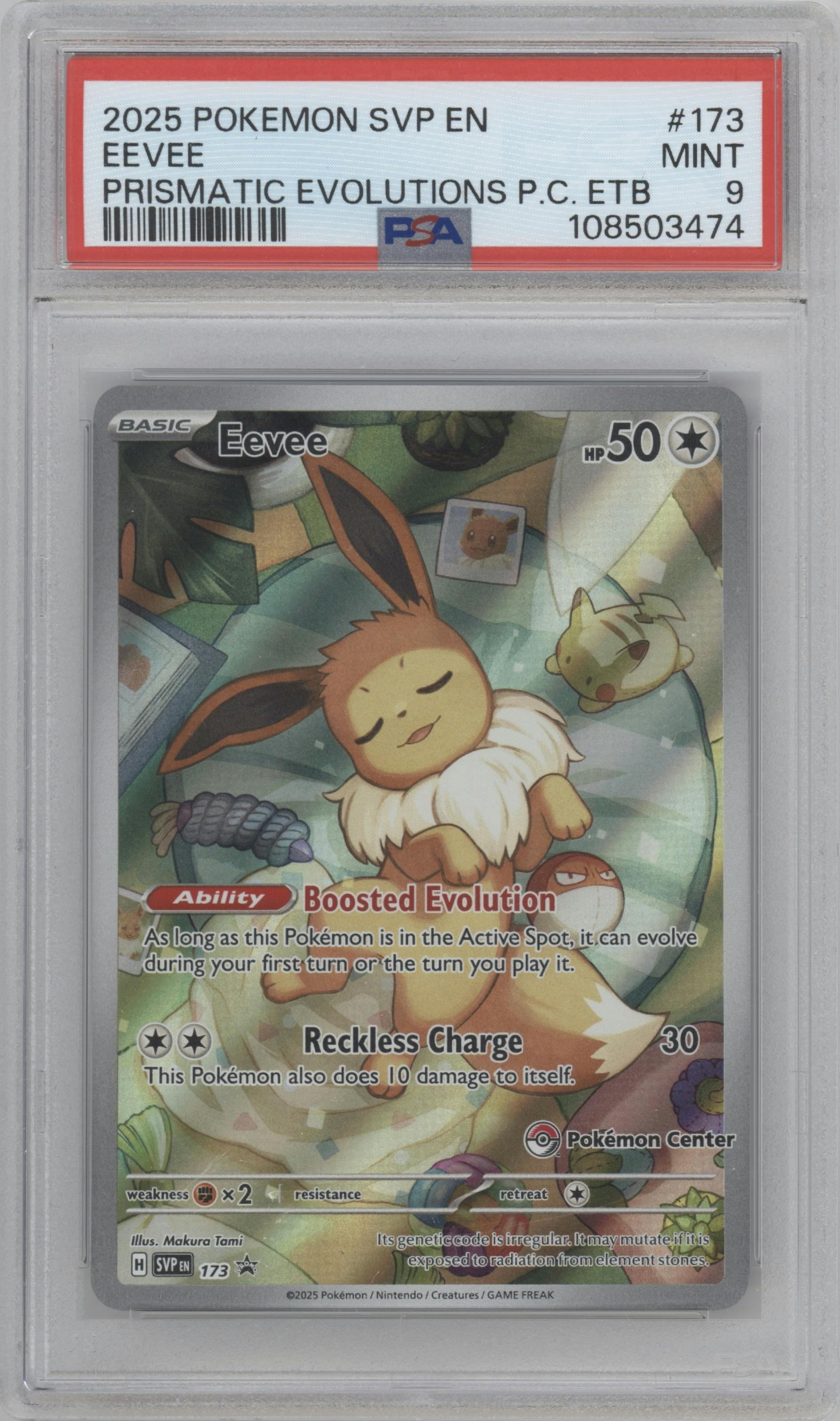 Eevee from the 2025 Pokemon SV set featuring a Prismatic Evolutions Pokemon Center Elite Trainer Box parallel graded by PSA and given an overall grade of 9.