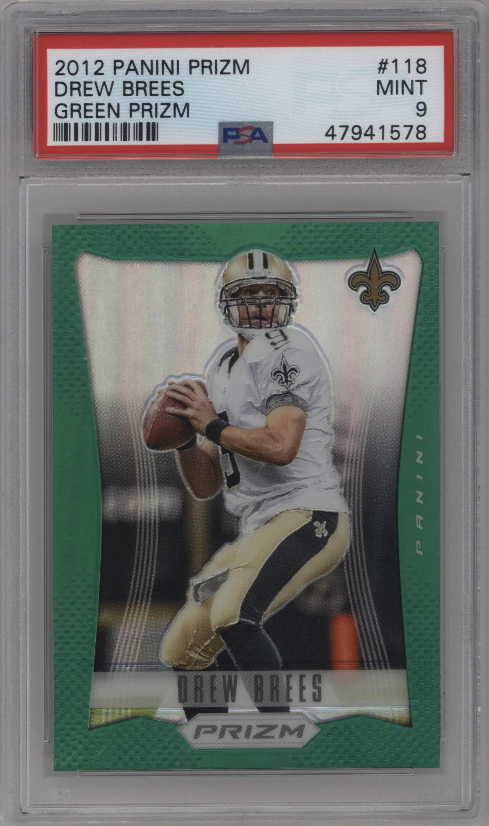 2012 Panini Prizm Drew Brees Green Prizm #118 PSA 9