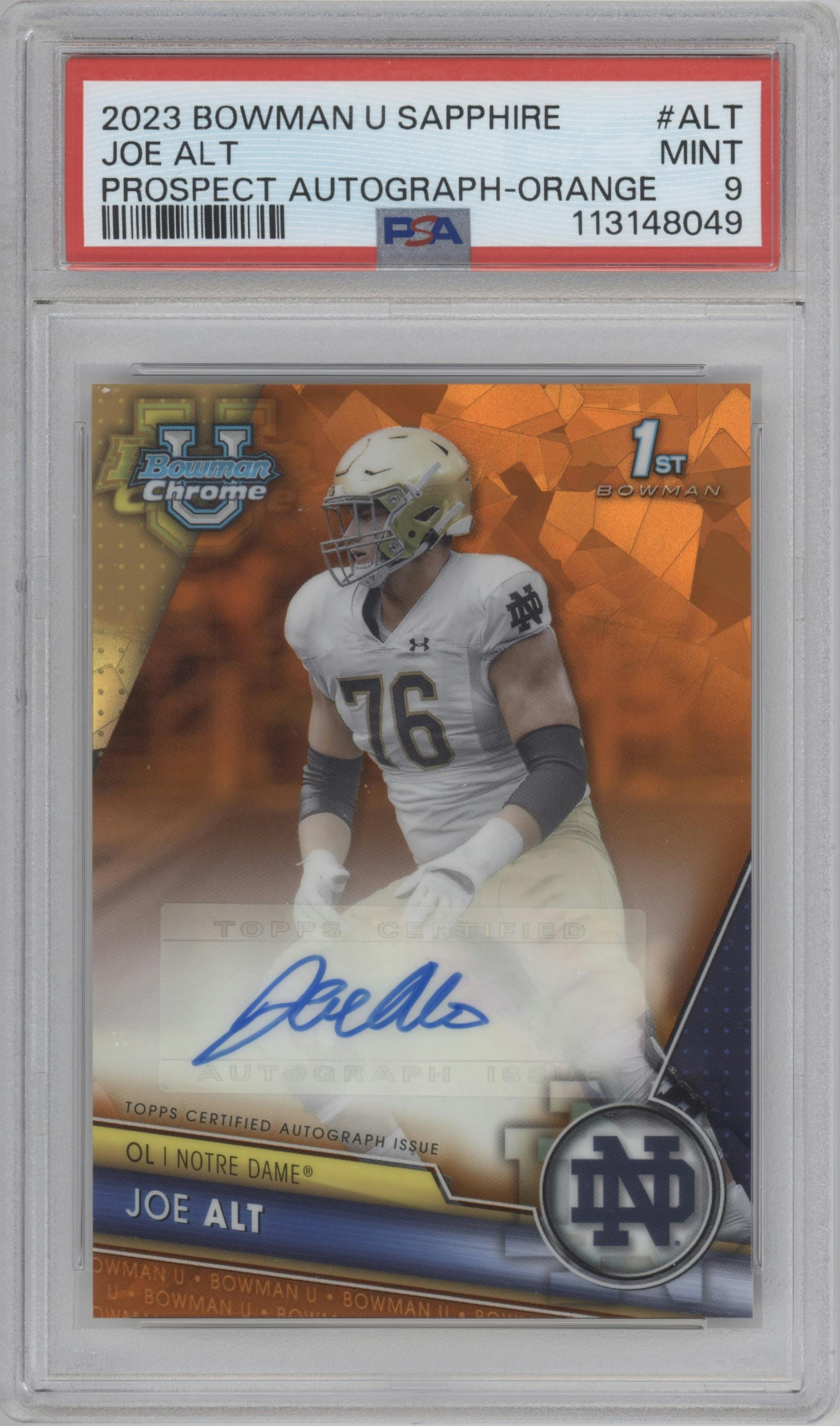 Joe Alt from the 2023 Bowman Chrome University Sapphire Edition set featuring a Orange  parallel graded by PSA and given an overall grade of 9.